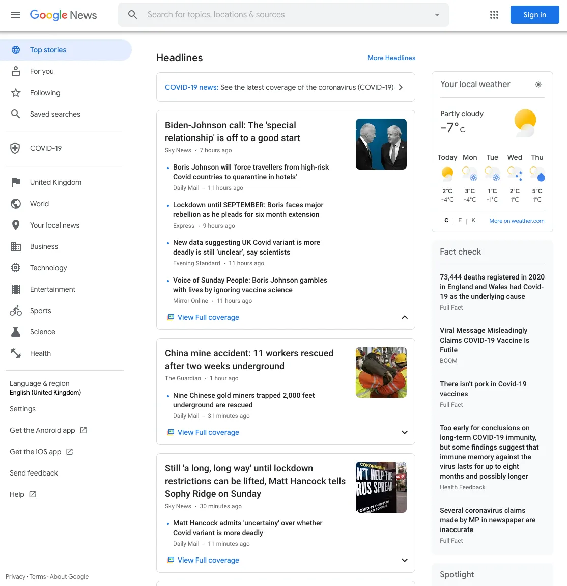 The Google News website