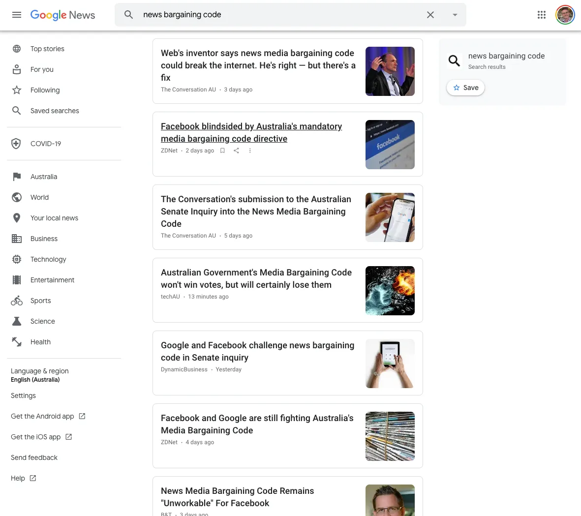 The Google News website