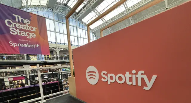 A Spotify logo at The Podcast Show in London