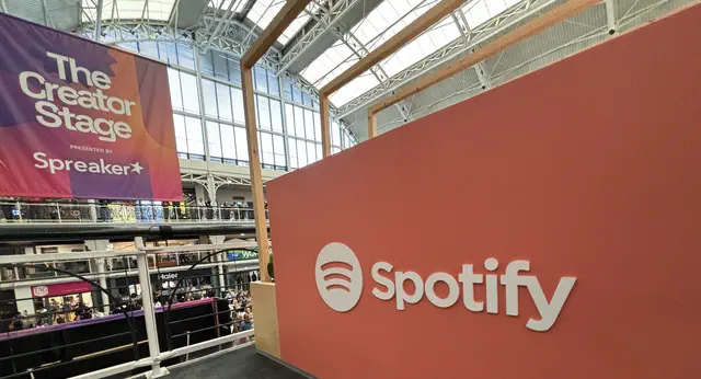 A Spotify logo at The Podcast Show in London