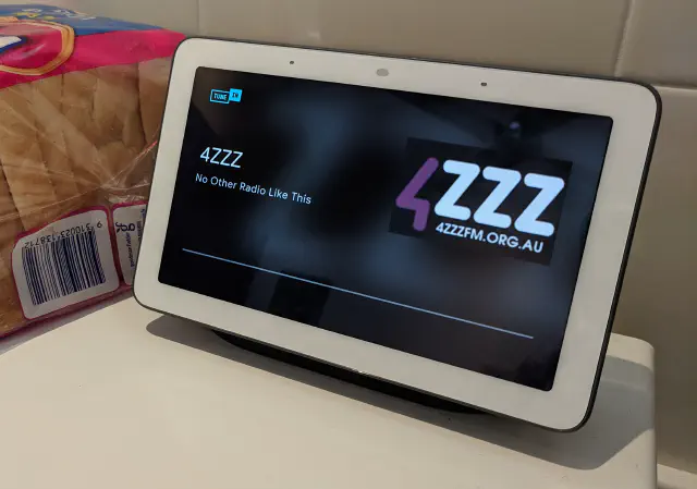 A Google speaker, playing 4ZZZ