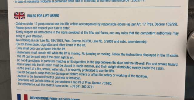 Venice airport elevator rules