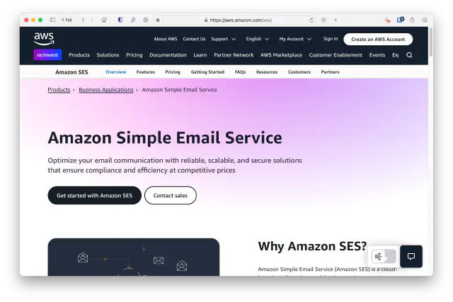 Amazon SES's homepage