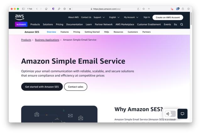 Amazon SES's homepage