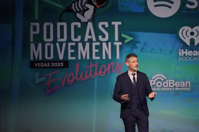 James Cridland keynoting at Podcast Movement Evolutions, 2023