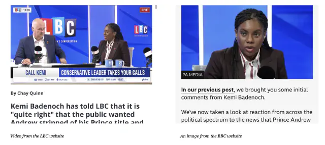 Screenshots from the LBC and BBC websites